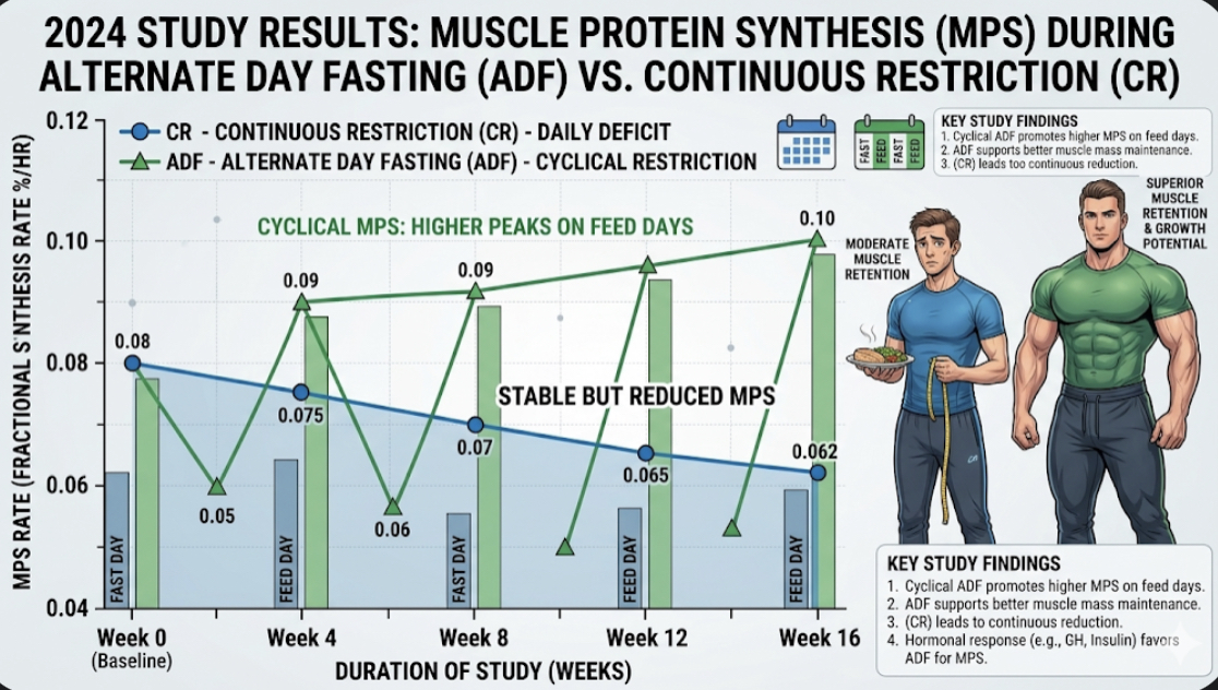 Graph showing muscle protein synthesis rates during alternate day fasting vs continuous restriction - 2024 study results