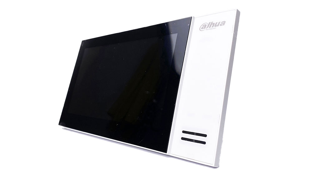 Primer plano del monitor de interior Dahua DHI-VTH2421FW-P mostrando su diseño limpio.