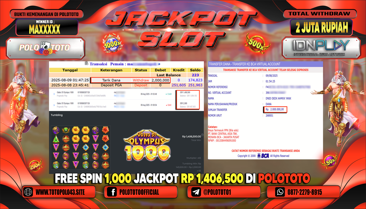 POLOTOTO JACKPOT SLOT GATES OF OYLMPUS 1000 Rp.2.000.000,-LUNAS