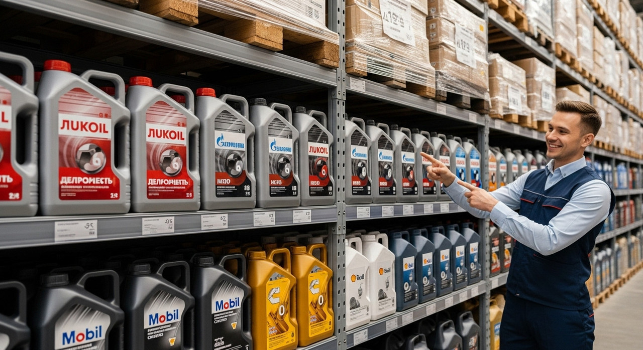 Стеллаж с канистрами дизельных масел Лукойл, G-Energy и Mobil, рекомендованных для двигателей Камминс