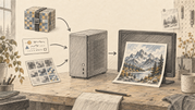 A pencil sketch of a local computer turning model files and a text prompt into an image