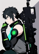 black hair, cyberpunk, 1man, assault rifle, green bridge, black eye, cyberarm, s-518617305