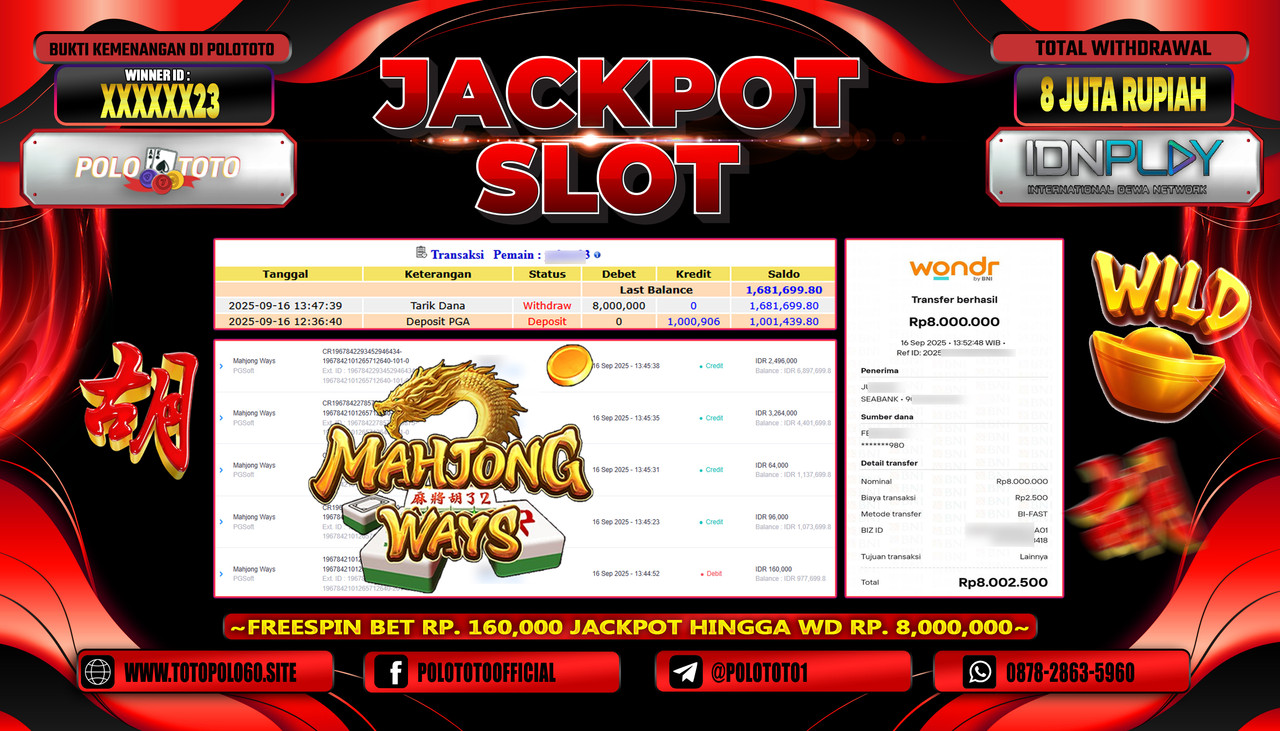POLOTOTO JACKPOT SLOT MAHJONG WAYS Rp.8.000.000,- LUNAS