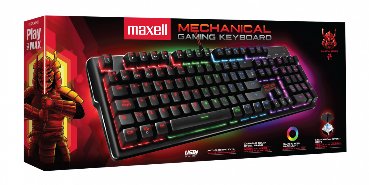 Una persona jugando con el teclado mecánico Maxell, mostrando la iluminación RGB.