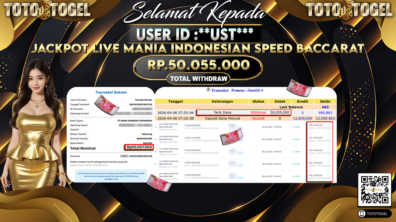 Bukti Pembayaran Jackpot Permainan Pragmatic Live Mania Indonesian Speed Baccarat ID:**UST***LUNAS