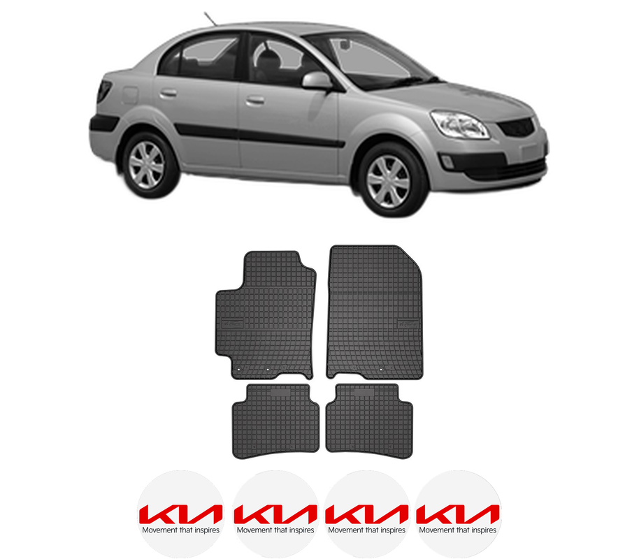 Set covorase presuri KIA RIO II Saloon (JB) din 2005-2011, auto, din cauciuc thermoplastic, 4 Stickere auto cu KIA