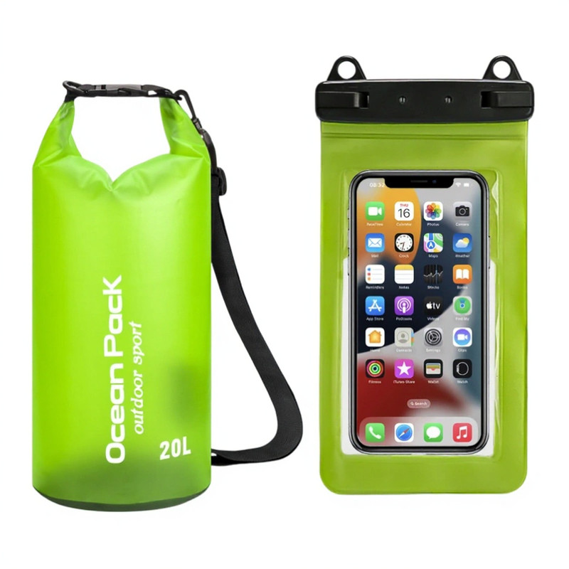 Light Green 20L PVC Waterproof Swimming Bag Bonus with Waterproof Phone Pouch - Roll-Top Floating Dry Gear Bags for Beach, Kayaking & Outdoor Sports