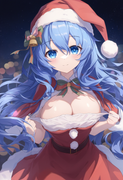 1girl, yoshino (date a live), blue eyes, blue hair, large breasts, santa costume s-3286433229