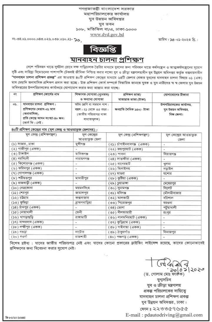 Department Of Youth Development Training Program Admission Circular 2023