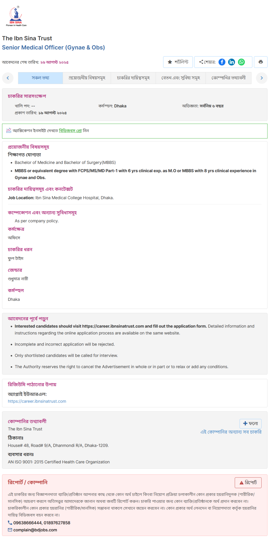 IBN Sina Trust Job Circular 2025