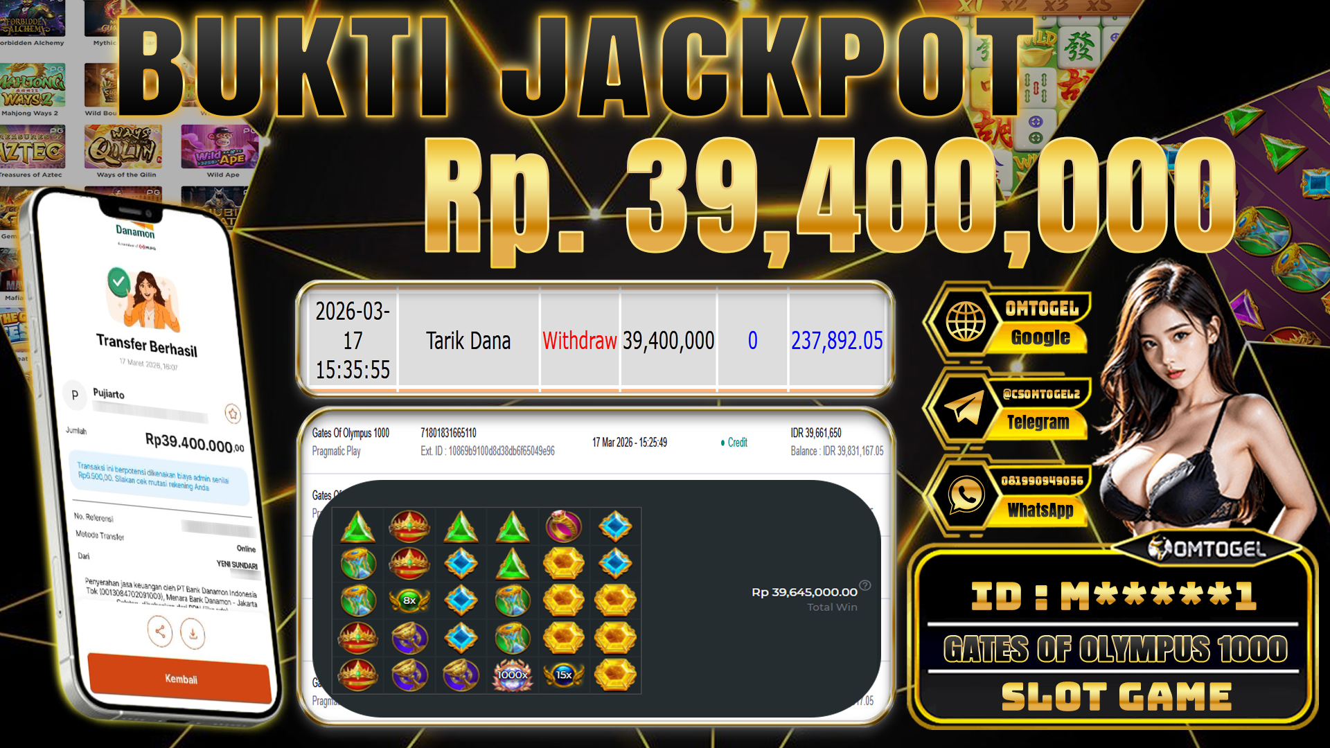 OMTOGEL JACKPOT PRAGMATIC PLAY GATES OF OLYMPUS 1000, 39 JUTA DI BAYAR LUNAS ,-