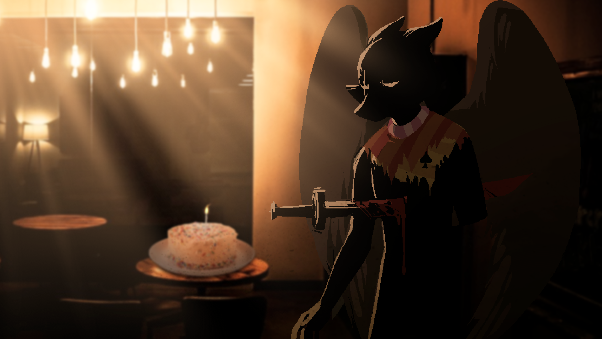 A somewhat sepia toned image; Jack (Bec) Noir looks down, dejected, as an entirely uneaten cake sits in the background.