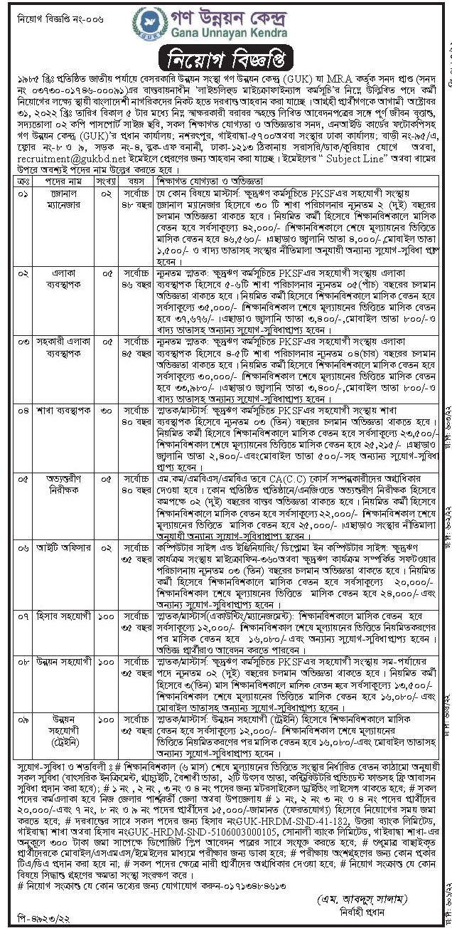 গণ উন্নয়ন কেন্দ্র গাক নিয়োগ বিজ্ঞপ্তি ২০২২