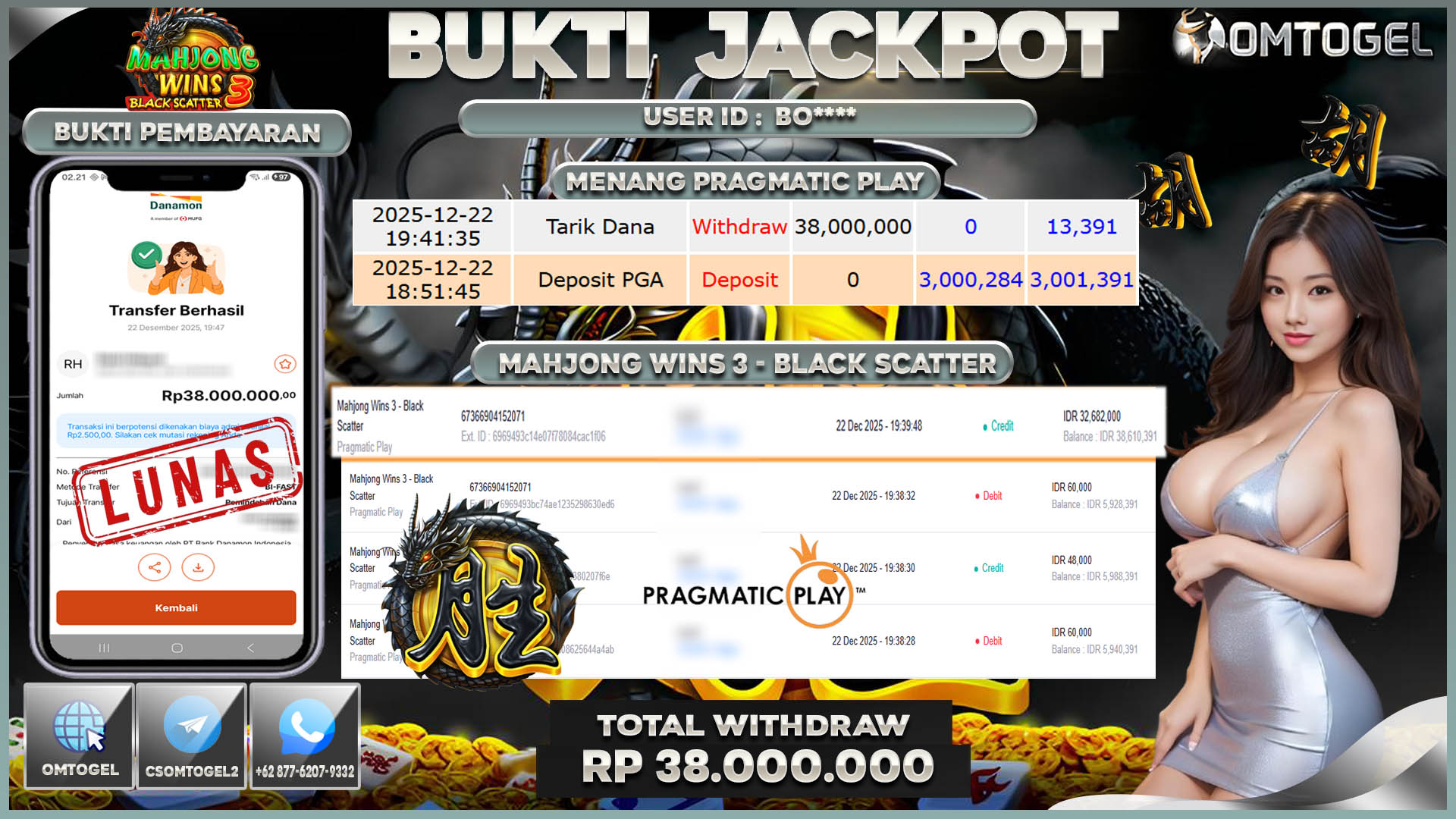 OMTOGEL JACKPOT PRAGMATIC PLAY MAHJONG WINS 3 BLACK SCATTER ,38 JUTA DI BAYAR LUNAS ,-
