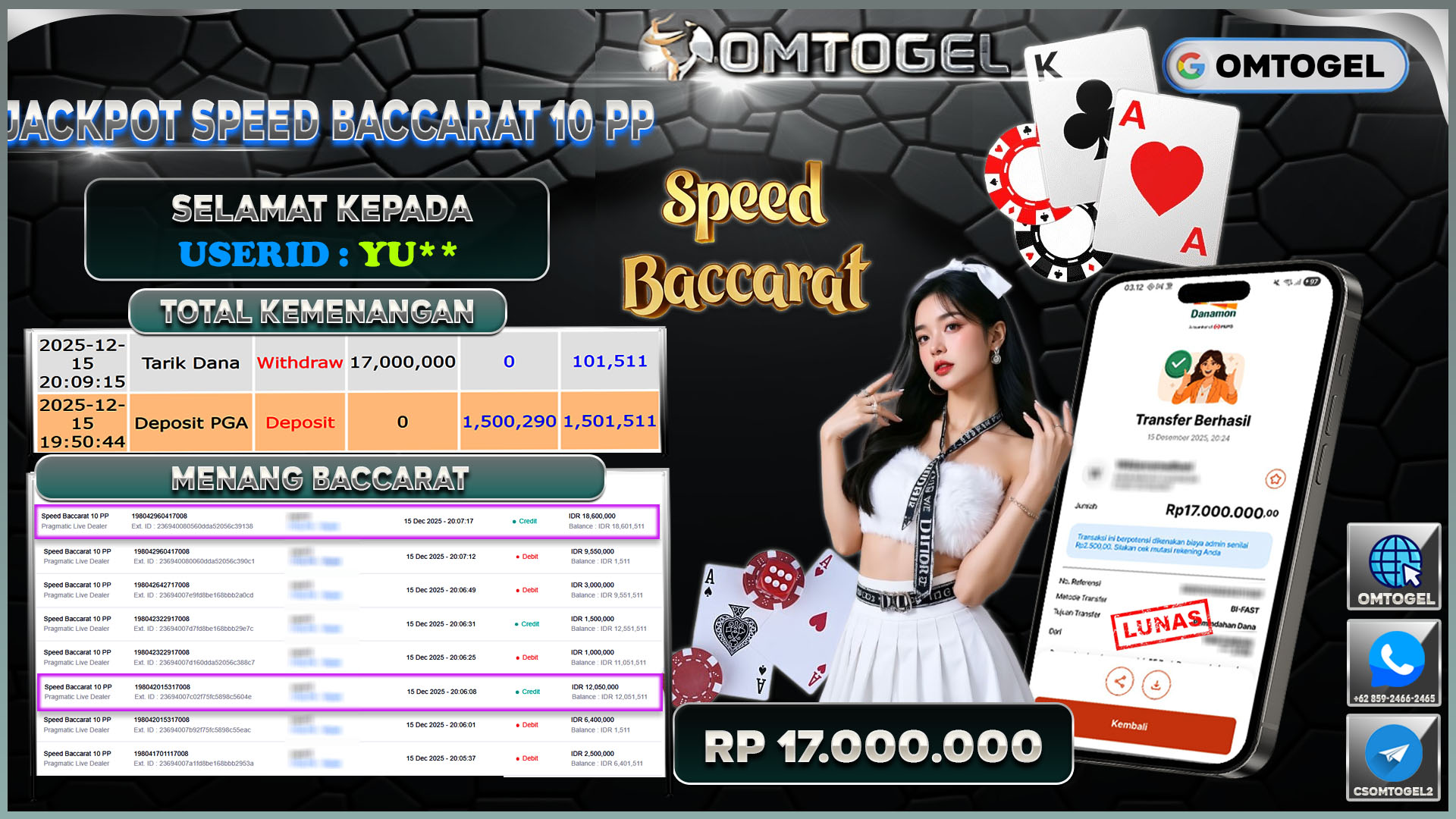 OMTOGEL JACKPOT PRAGMATIC LIVE DEALER SPEED BACCARAT 10 PP ,17 JUTA DI BAYAR LUNAS ,-