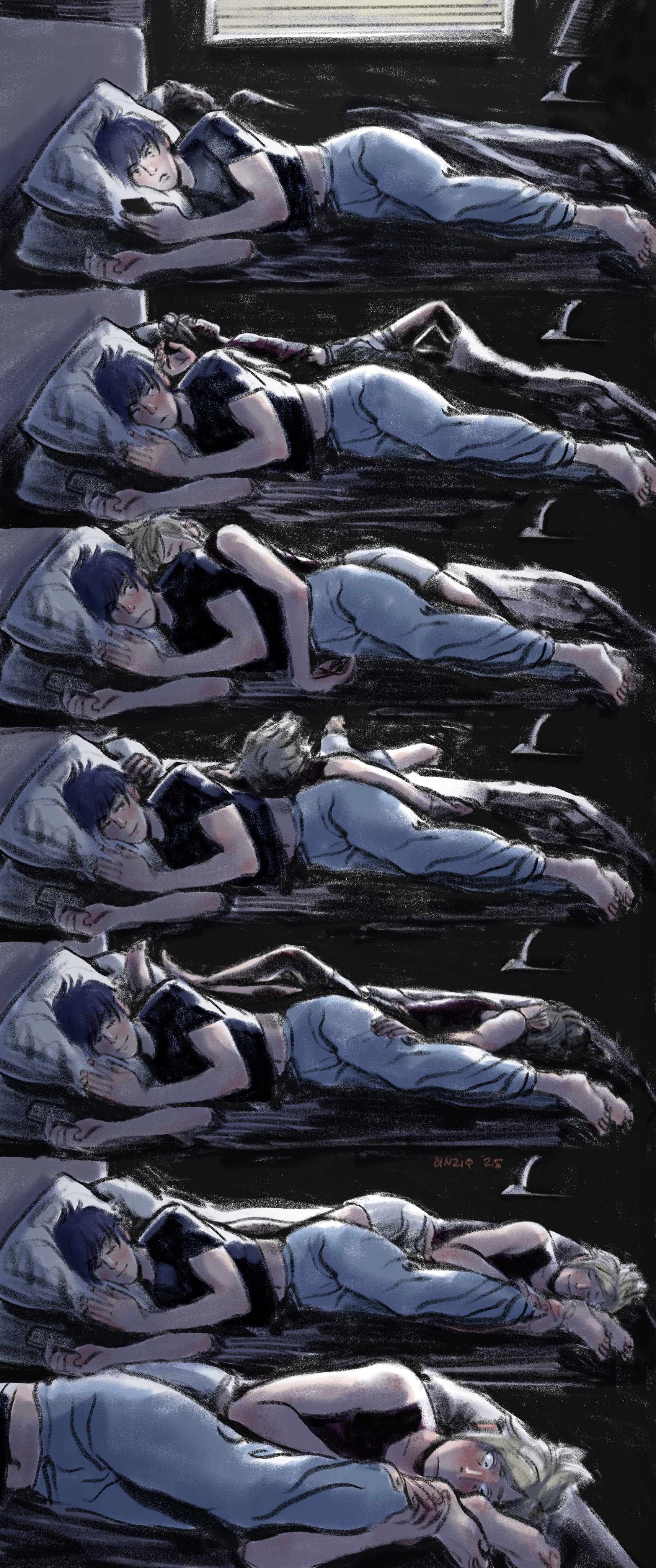 Seven scenes arranged vertically of Noctis laying in bed at night.   Scene 1: Noctis lays on his side facing the viewer with two pillows stacked under his head while looking at his phone, the soft glow of the screen illuminating his face and chest. He wears a dark shirt and sweat pants. A figure lays in bed behind him, only a shoulder and blonde hair visible.  Scene 2: Noctis lays in the same position, but now his phone lays on the lower pillow next to his hand. His eyes are turned toward his shoulder where a hand rests. He blushes. Prompto is more visible now. He has rolled onto his back, one hand thrown onto Noctis's shoulder and ear. The blanket has fallen down to his shins as he bends a knee, showing Prompto’s light colored boxers and his red tank top.  Scene 3: Noctis holds still, his cheeks flushed with embarrassment and his eyes wide. Prompto has rolled over to nuzzle his face against Noctis’s neck, throwing one arm over Noctis’s side as Prompto spoons him from behind. Scene 4: Noctis’s eyes start to close and he smiles softly as his cheeks continue to burn. He’s getting tired but he enjoys the contact. Prompto has shifted to lay on his back, perpendicular, with his head resting on Noct’s side. Prompto’s legs dangle off the side of the bed in the background while his arms are spread wide, one hand back to lay against Noctis’s hair. Scene 5: Noctis has fallen asleep with a goofy smile on his face. His cheeks are still pink, but less so. Prompto has fully turned to lay with his head at the opposite end of the bed. He’s turned away a bit, his feet resting on his pillow and one hand thrown back to hold Noctis’s thigh. Scene 6: Prompto has rolled toward Noctis again. Noctis remains asleep, softly smiling, as Prompto grasps his ankles. Prompto is happily cuddling Noct’s feet, a wide smile on his sleeping face. Final Scene: A close up of Prompto’s face and torso, cuddling Noctis’s legs and feet, but Prompto has awoken, horrified to find himself not only cuddling his friend, but specifically his friend’s feet. A deep blush spreads across his face, his eyes open wide as he stares at Noct’s feet only an inch away, frozen in surprise and unsure what to do. 