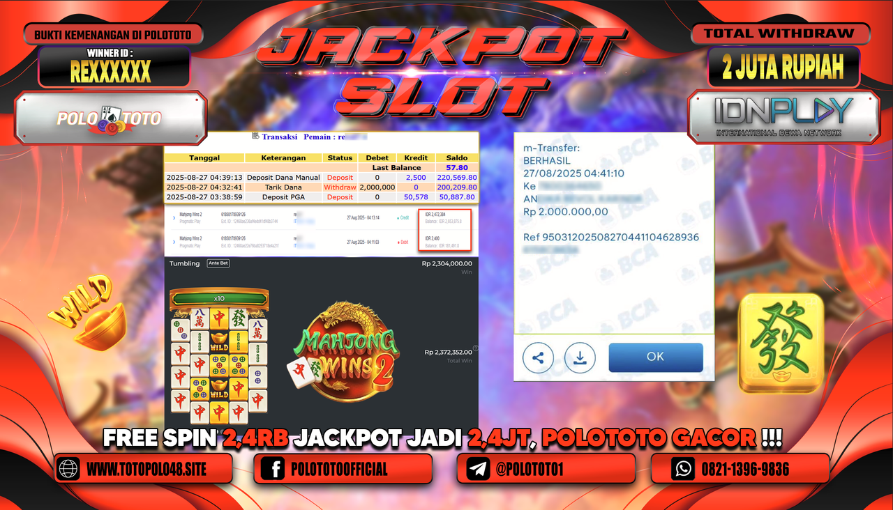 POLOTOTO JACKPOT SLOT MAHJONG WINS 2 Rp.2.000.000,-