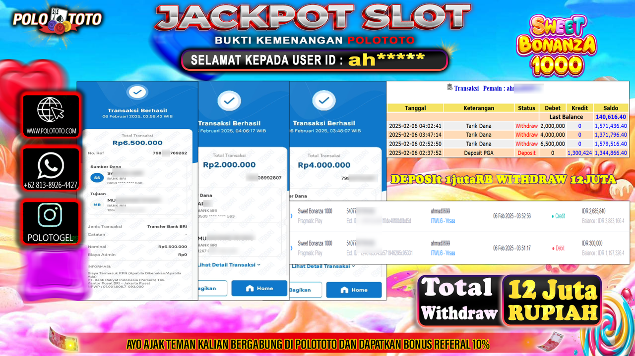 POLOTOTO JACKPOT SLOT SWEET BONANZA 1000 Rp.12,000.000,-