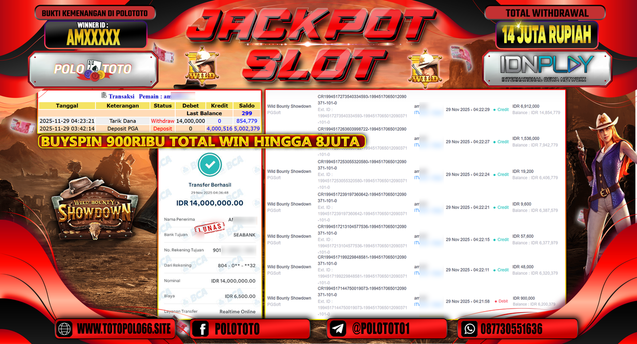 POLOTOTO JACKPOT SLOT WILD BOUNTHY SHOWDOWN Rp.14.000.000,- LUNAS