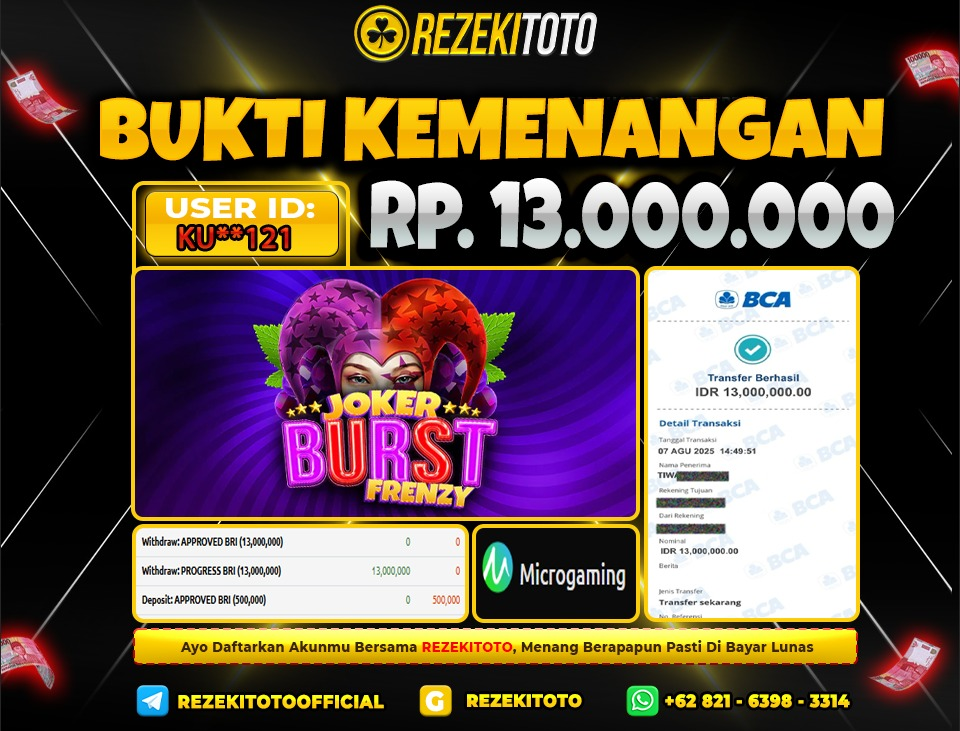 BUKTI KEMENANGAN 8 AGUSTUS 2025 JOKER BURST FRENZY 13 JUTA 