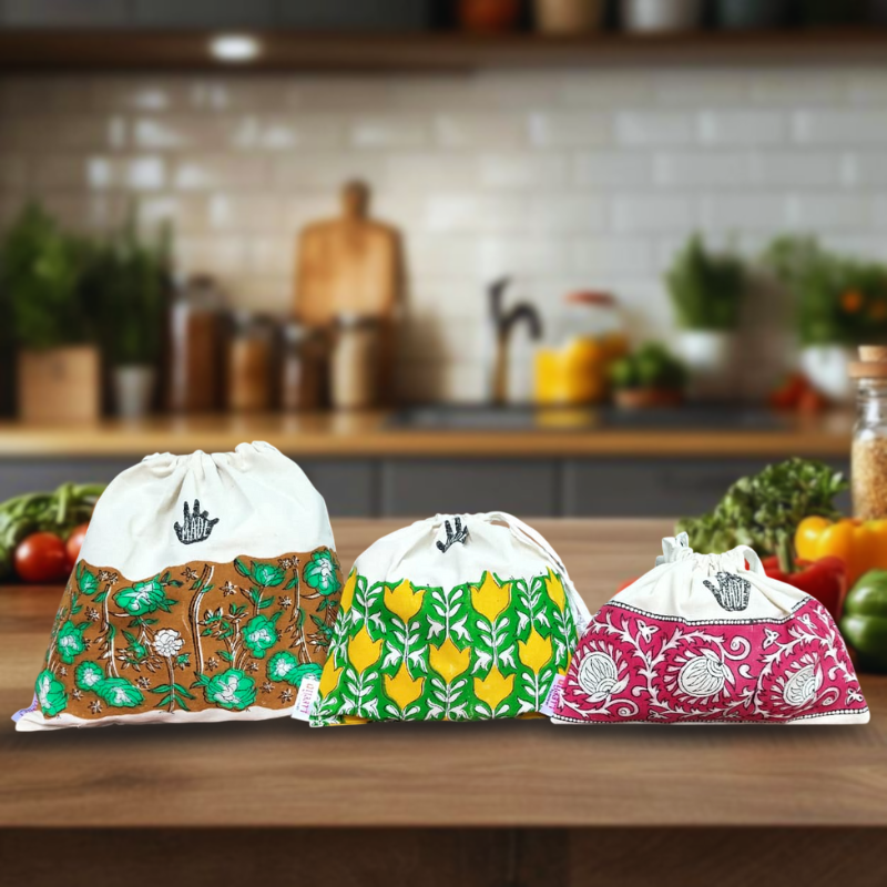 Reusable Hand Block Printed Fridge Bags (Set of 3) Pattern -2