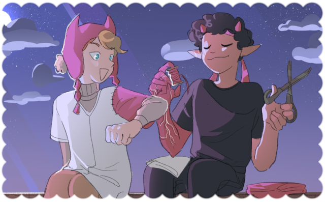 a drawing made by poisonousboba. it show's a younger c!tommy and c!eryn from the dsmp sitting next to each other on a wooden and cobblestone platform under the moonlight. eryn is holding a thread and scissors and is smiling proudly as tommy stares at his new sewn-on red sleeve in awe. the original cut off sleeve is on eryn's leg with a pile of red fabric to his left. tommy is wearing tan pants, a white hospital gown over his tan turtleneck, and a red demon winter-esc hat while eryn is wearing a black t-shirt and black pants with a red ribbon tied around his forehead. the image is resized and cropped into a rectangle with a pattern of repeating arcs on the sides, the edges being slightly darker.