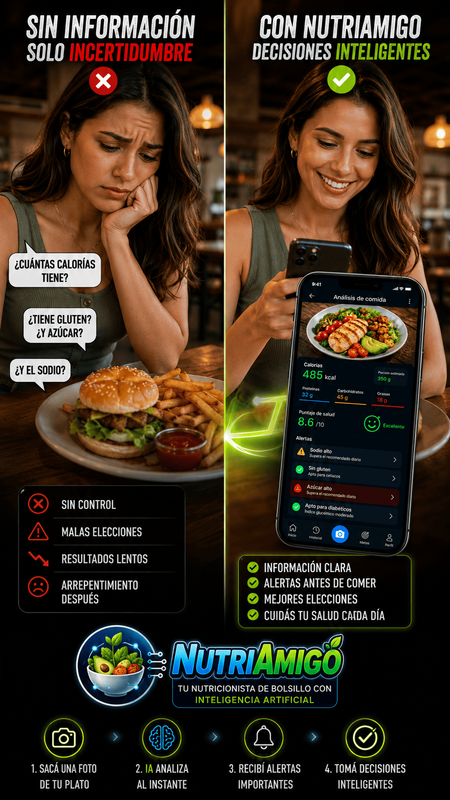 Pantalla con análisis nutricional NutriAmigo mostrando alertas claras
