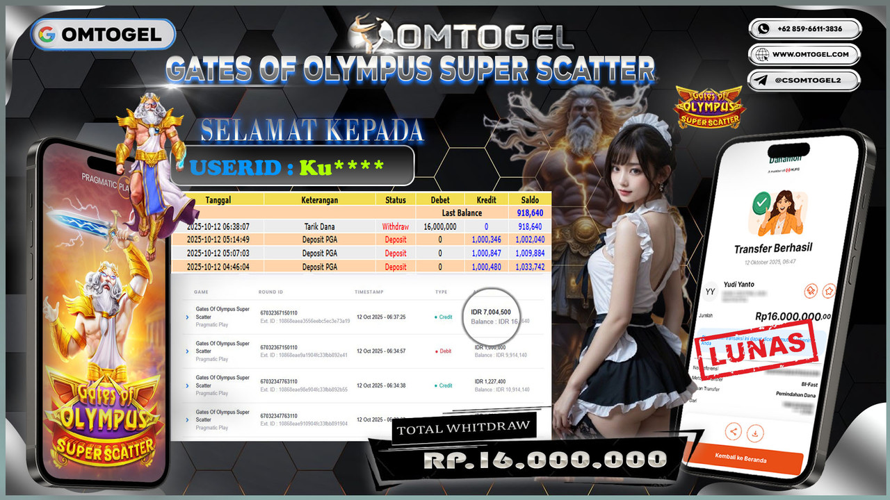 OMTOGEL JACKPOT PRAGMATIC PLAY GATES OF OLYMPUS SUPER SCATTER 16 JUTA DI BAYAR LUNAS ,-