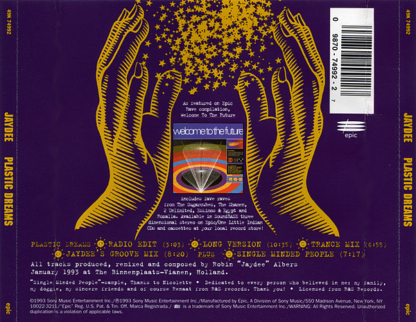 20/02/2023 - Jaydee - Plastic Dreams (CD Maxi-Single)(Epic ‎– 49K 74992) 1993 Jaydee-Plastic-Dreams-Back
