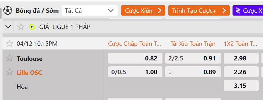 Tỷ lệ kèo Toulouse vs Lille