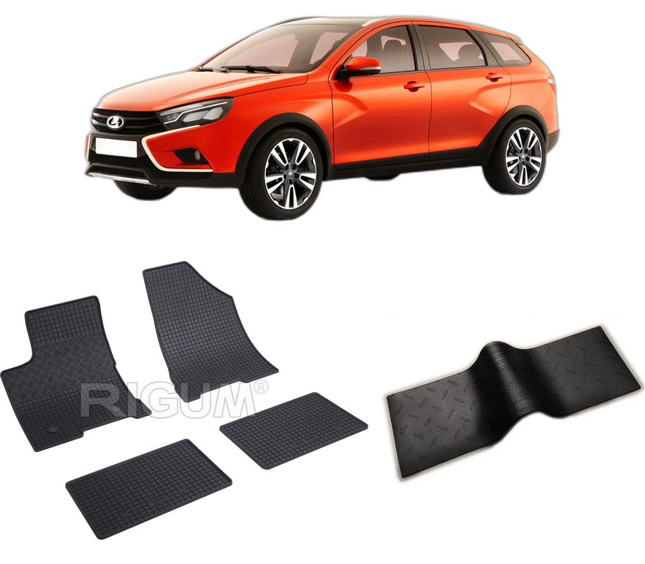 Set covorase auto LADA VESTA din 2015-PREZENT, cu covoras tunel median, CAROSERIE COMBI, Presuri cauciuc 100%, compatibil cu autoturismul LADA VESTA, Rigum
