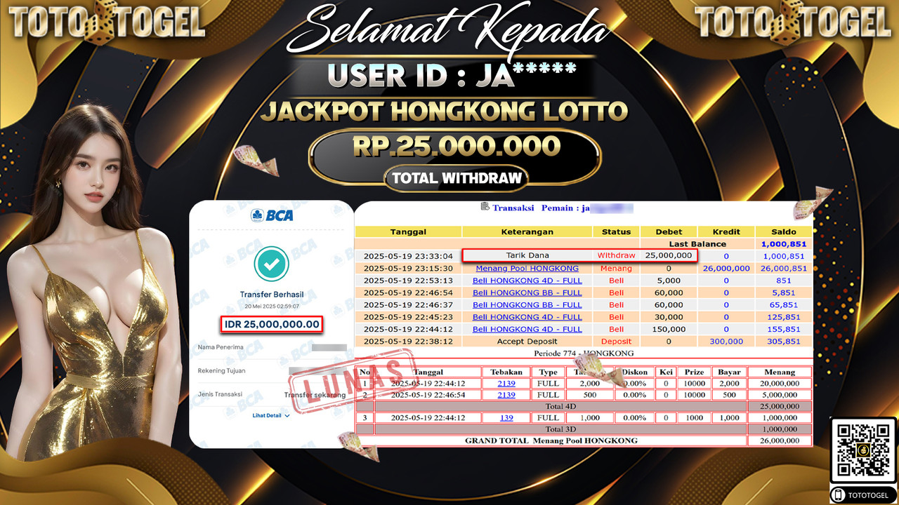 Bukti Pembayaran Jackpot Permainan Togel Hongkong Lotto ID:JA***** LUNAS