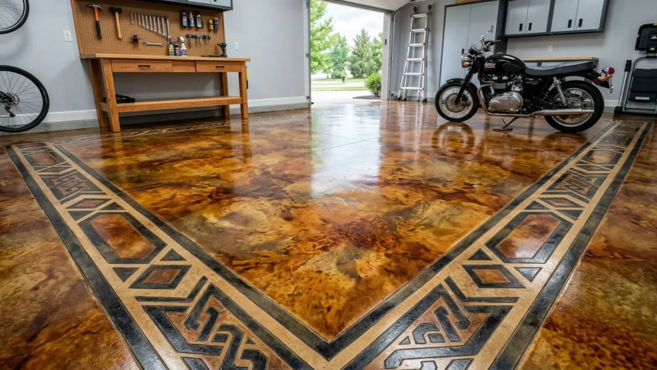 Multi-tone acid stained garage floor design with decorative border
