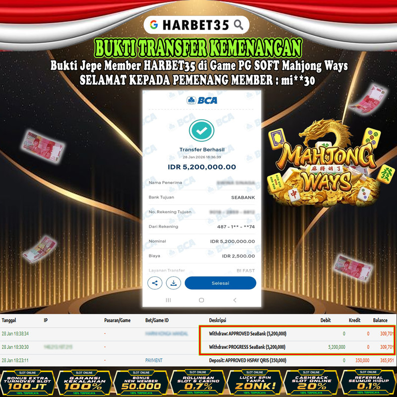 HARBET35 JEPE! Game PG SOFT Mahjong Ways Rp 5.200.000,- LUNAS!