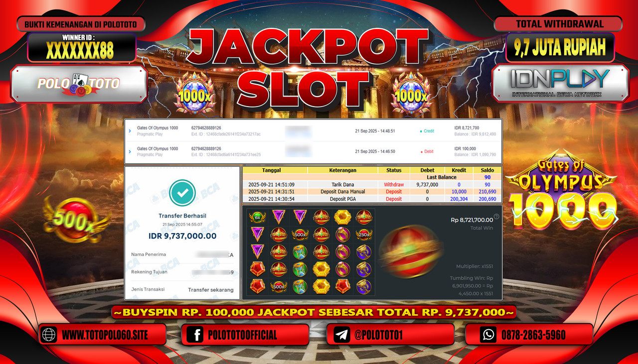 POLOTOTO JACKPOT SLOT GATES OF OLYMPUS 1000 Rp.9.700.000,- LUNAS