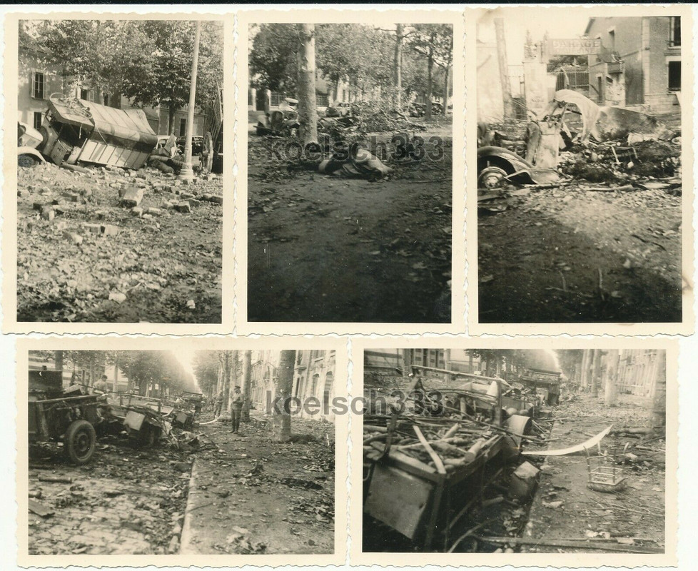 5 Fotos durch Stukas vernichteter französischer Munitions Transport in Orleans