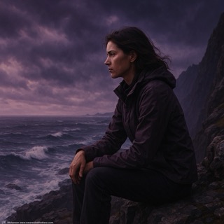 A young man sitting alone on a rocky shoreline, leaning forward with his elbows on his knees, looking thoughtful and emotionally drained, representing the weight of life without boundaries.

