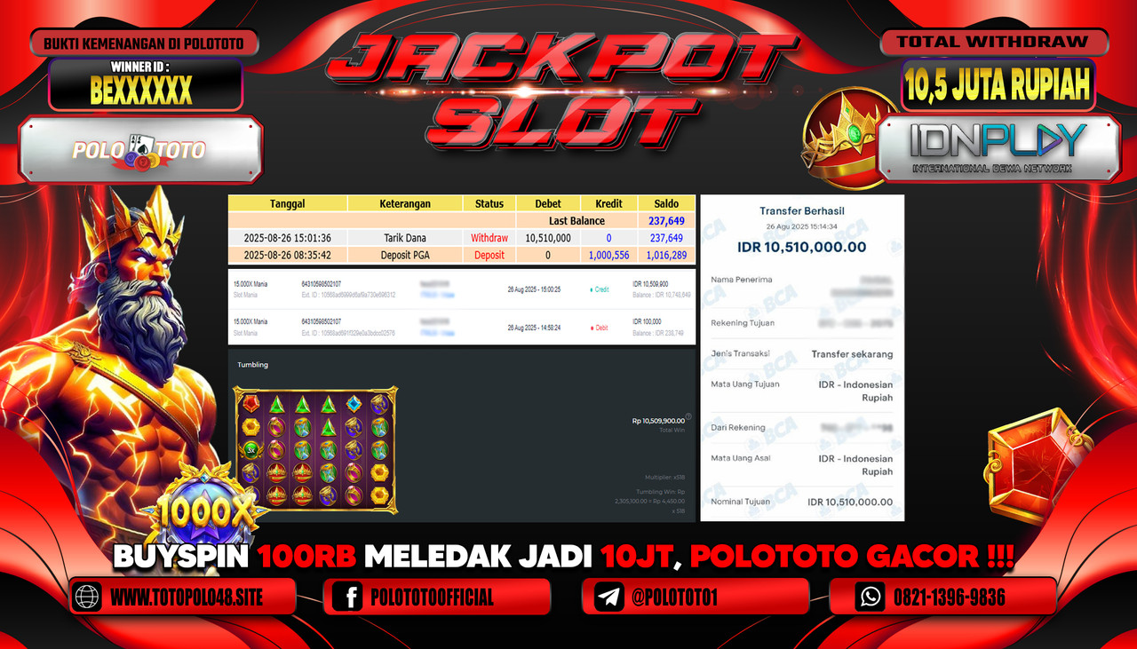 POLOTOTO JACKPOT SLOT 15.000X MANIA Rp.10.500.000,- LUNAS