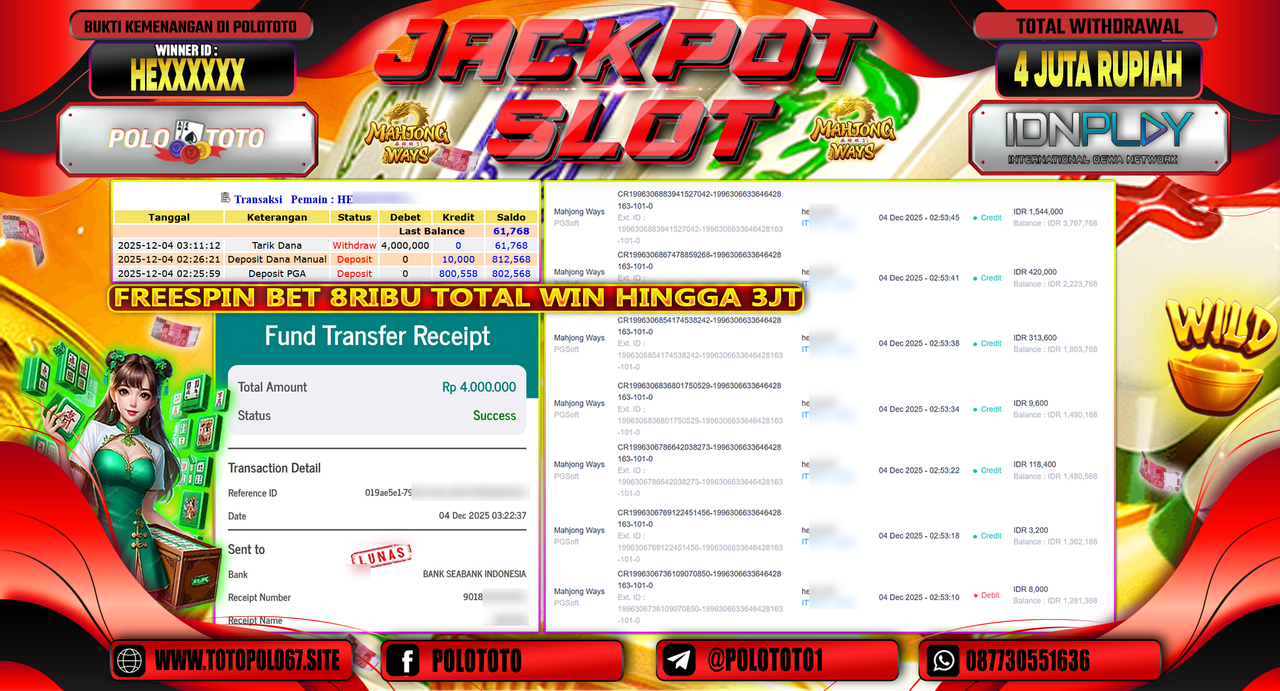 POLOTOTO JACKPOT SLOT MAHJONG WAYS Rp.4.000.000,- LUNAS