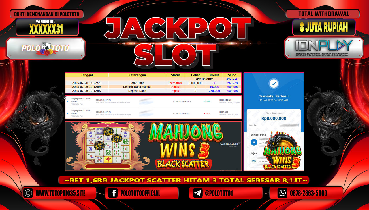 POLOTOTO JACKPOT SLOT MAHJONG WINS 3 - BLACK SCATTER Rp.8.000.000,-LUNAS