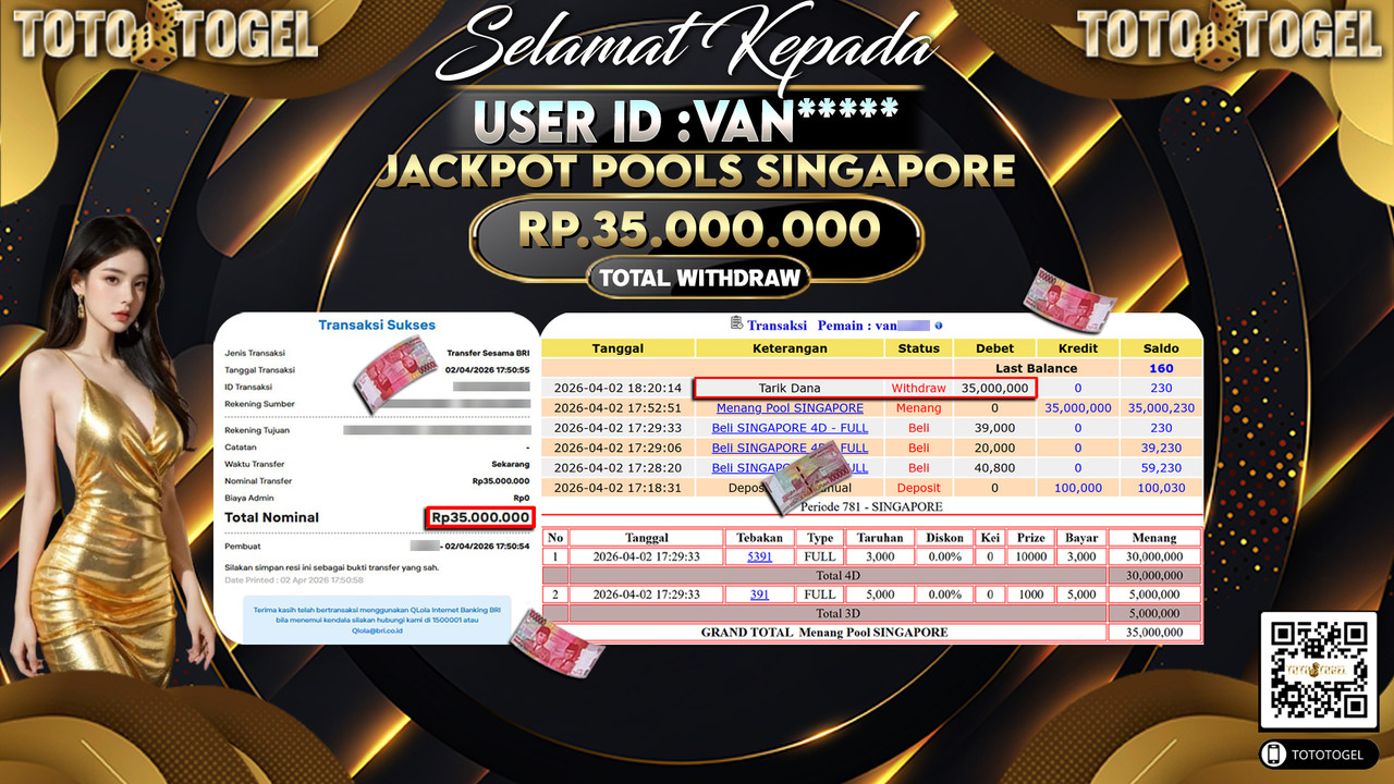 Bukti Pembayaran Jackpot Permainan Togel Pools Singapore ID:VAN*****LUNAS