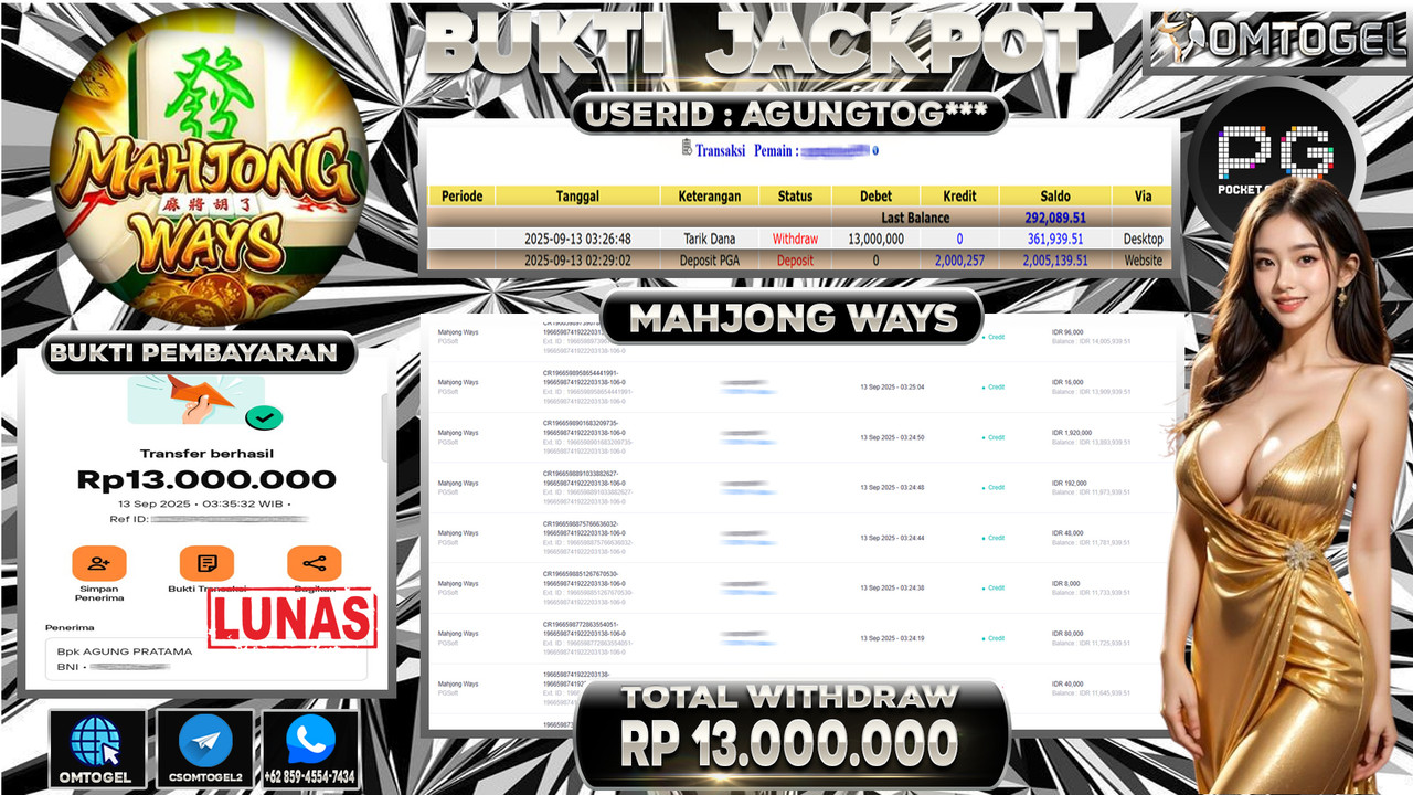 OMTOGEL JACKPOT PGSOFT MAHJONG WAYS 13 JUTA DI BAYAR LUNAS ,-