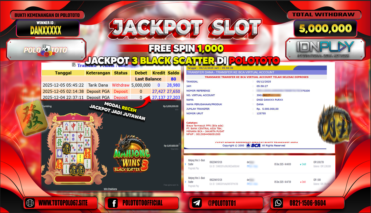 POLOTOTO JACKPOT SLOT MAHJONG WINS 3 - BLACK SCATTER Rp.5.000.000,- LUNAS
