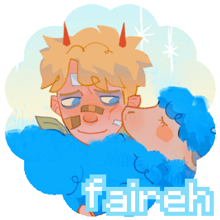 a gif that say's "faireh" overtop a drawing by catmunches. "faireh" is written in the minecraft font in white with a pastel blue border, and every letter is jumping up one by one, left to right. the drawing underneath shows tommy sadly and fondly looking at a friend (the sheep) in his arms as friend pecks him on the cheek. friend looks calm while tommy looks tired, with dark eyebags and bandaids and bandages adorning his face. he also has little red demon horns poking out from his hair, and a green bandana around his neck. the drawing is very vibrant and a little sketchy, with twinkles behind them in the light blue sky. the drawing has also been made into a gif, it being on a spinning shape of a circle with bumpy edges and the outside transparent..