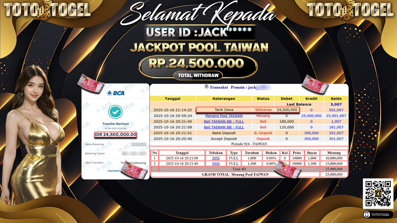 Bukti Pembayaran Jackpot Permainan Togel Pool Taiwan  ID:JACK**** LUNAS