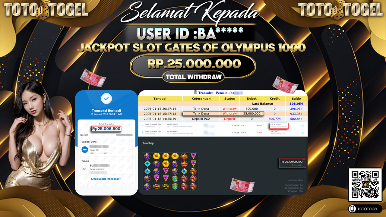 Bukti Pembayaran Jackpot Permainan Slot Gates Of Olympus 1000  ID:BA*****LUNAS