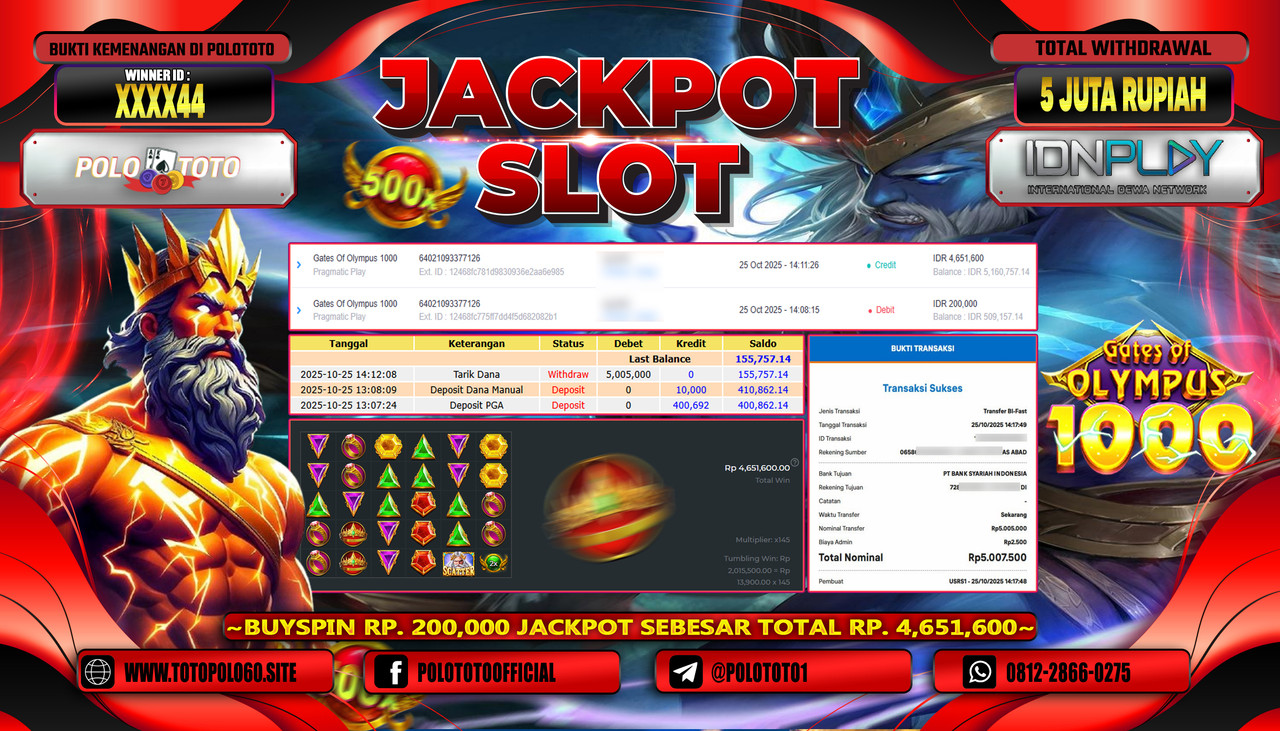 POLOTOTO JACKPOT SLOT GATES OF OLYMPUS 1000 Rp.5.000.000,- LUNAS