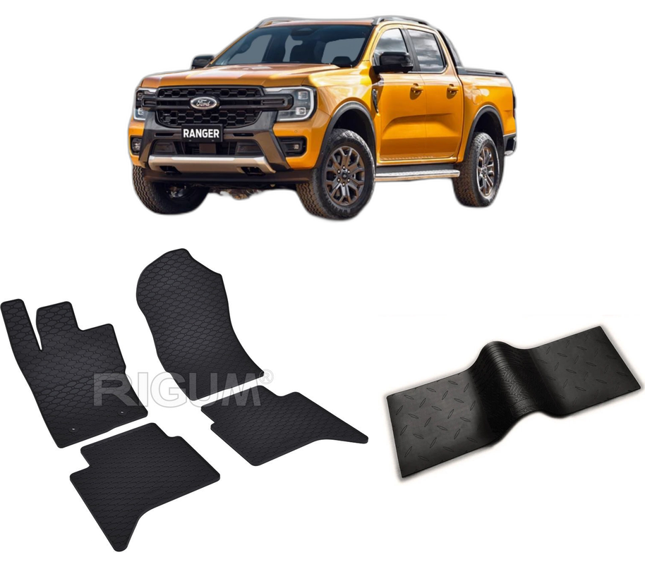 Set covorase auto FORD RANGER din 2023-PREZENT, cu covoras tunel median, CAROSERIE PICK-UP, Presuri cauciuc 100%, compatibil cu autoturismul FORD RANGER, Rigum