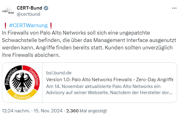 BSI-Warnung vor Palo Alto Networks-Schwachstelle in Firewalls