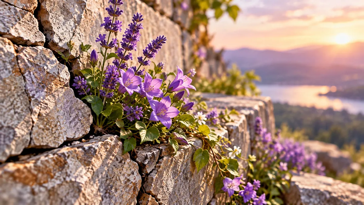 Purple flowers growing from a stone wall at sunset